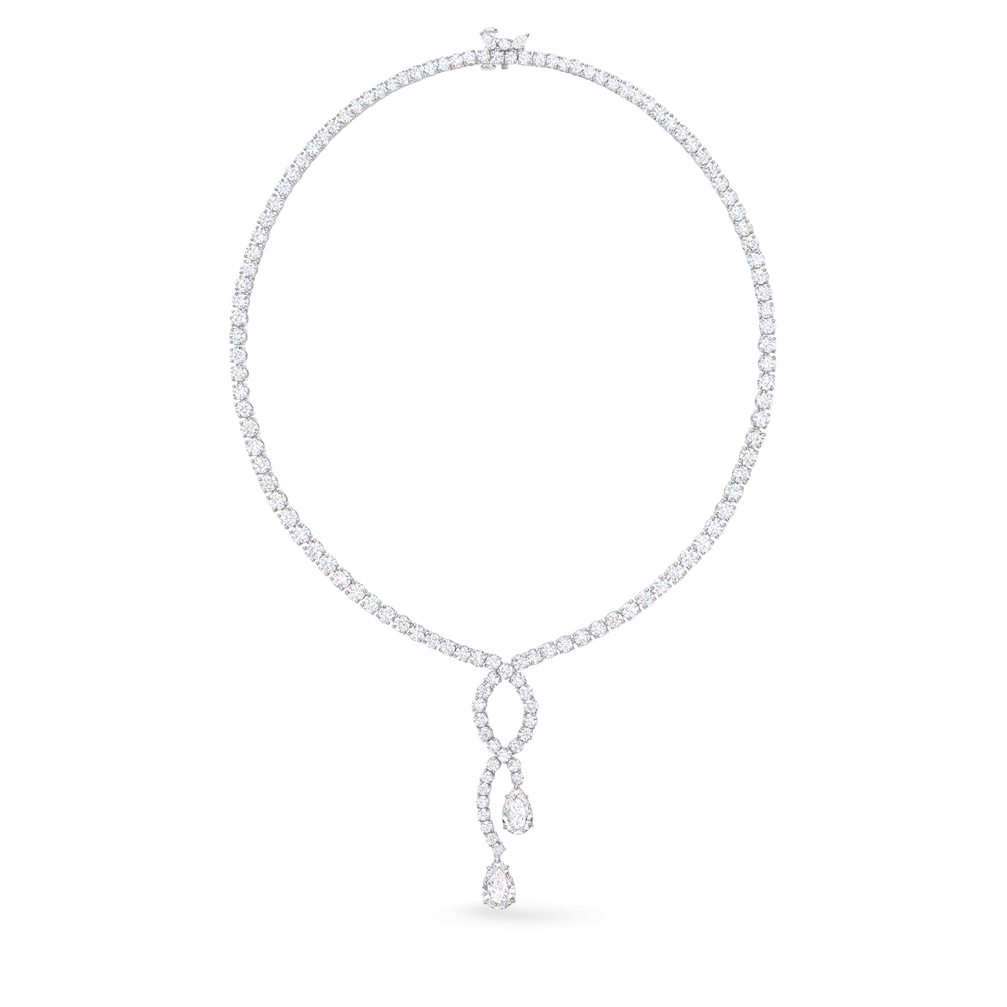 Front view of the Round Brilliant and Pear-Shaped Cascading Diamond Necklace