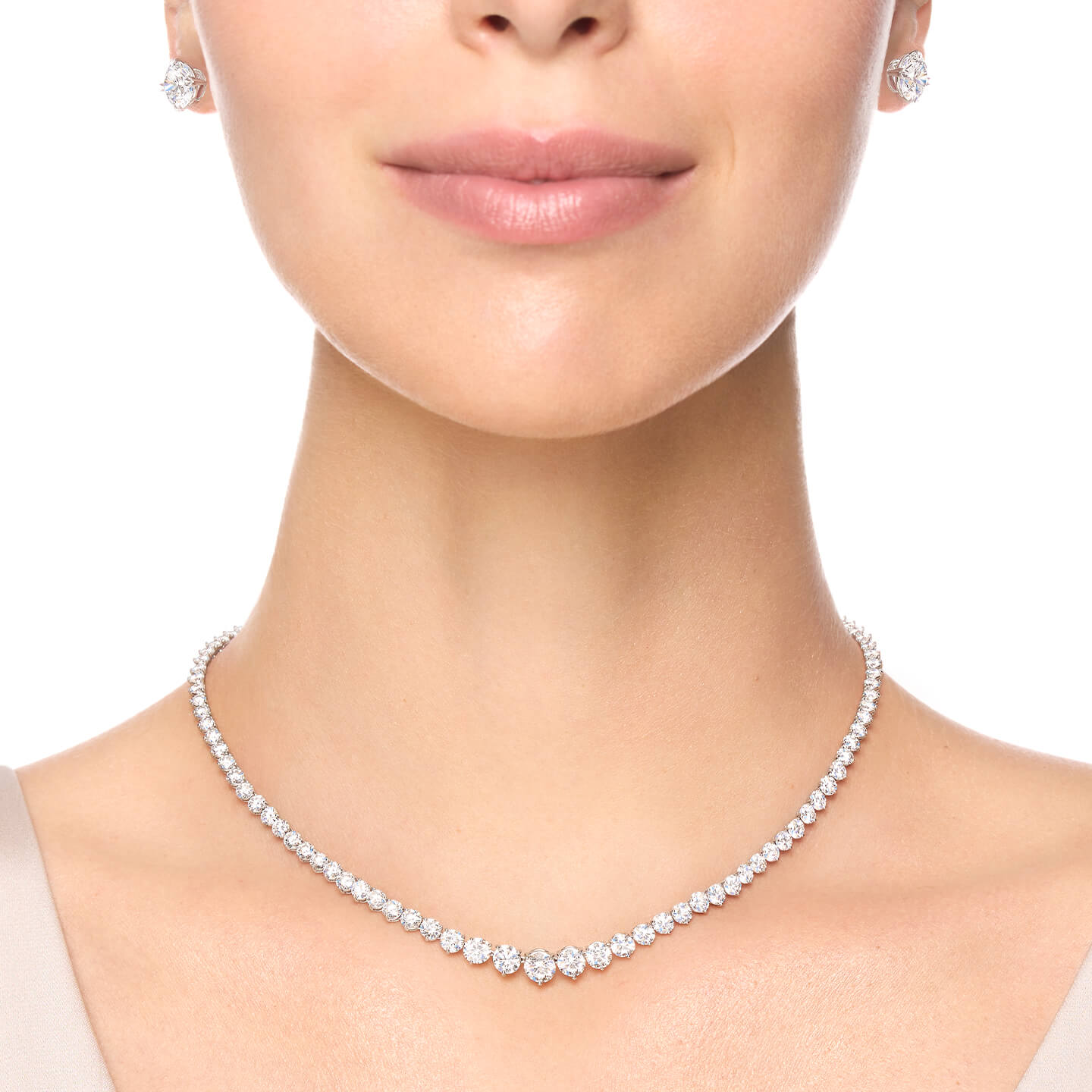 Round Brilliant Riviere Diamond Necklace on a model
