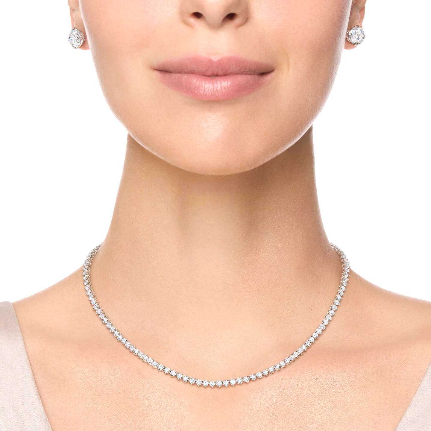 Round Brilliant Straightline Diamond Necklace on a model