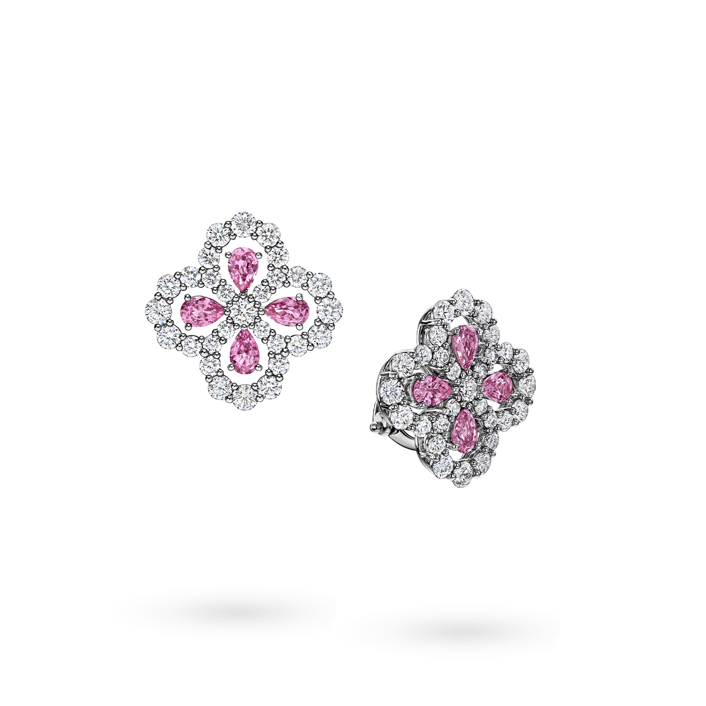 Angled view of the Diamond Loop Full Motif Pink Sapphire and Diamond Earrings