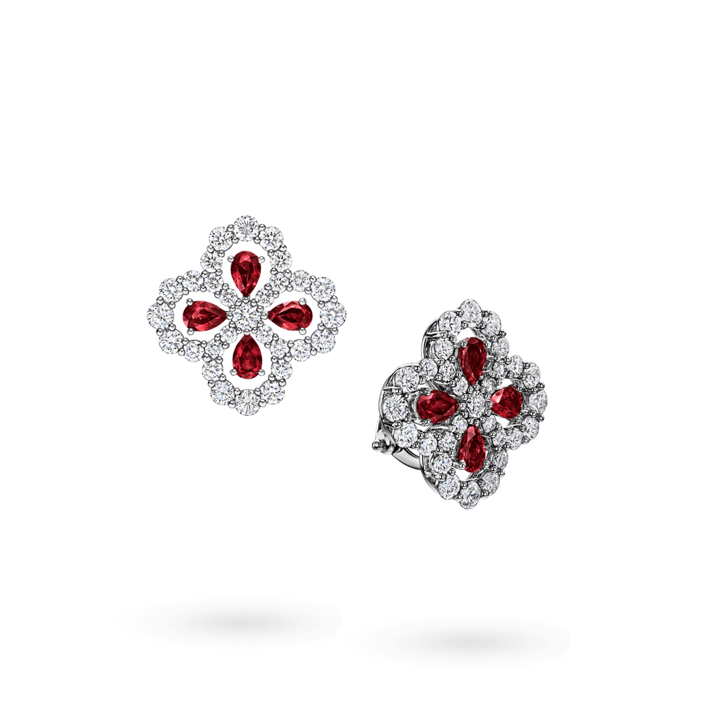 Angled view of the Diamond Loop Full Motif Ruby and Diamond Earrings