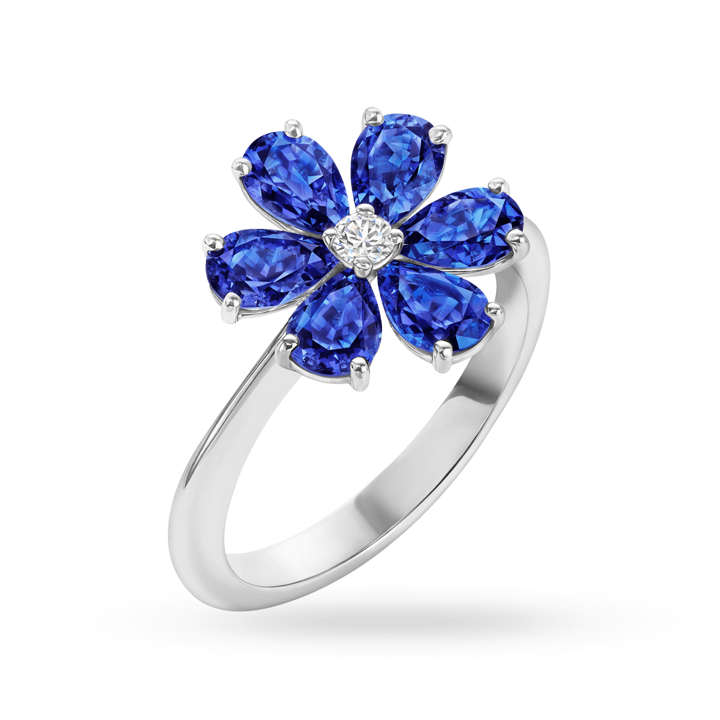 Forget-Me-Not蓝宝石和钻石戒指斜视图