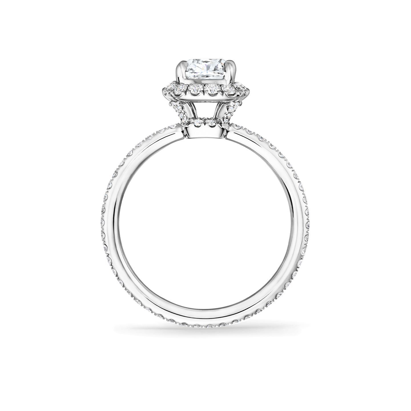 Vue latérale de la Bague de fiançailles The One diamant taille coussin et micropavage