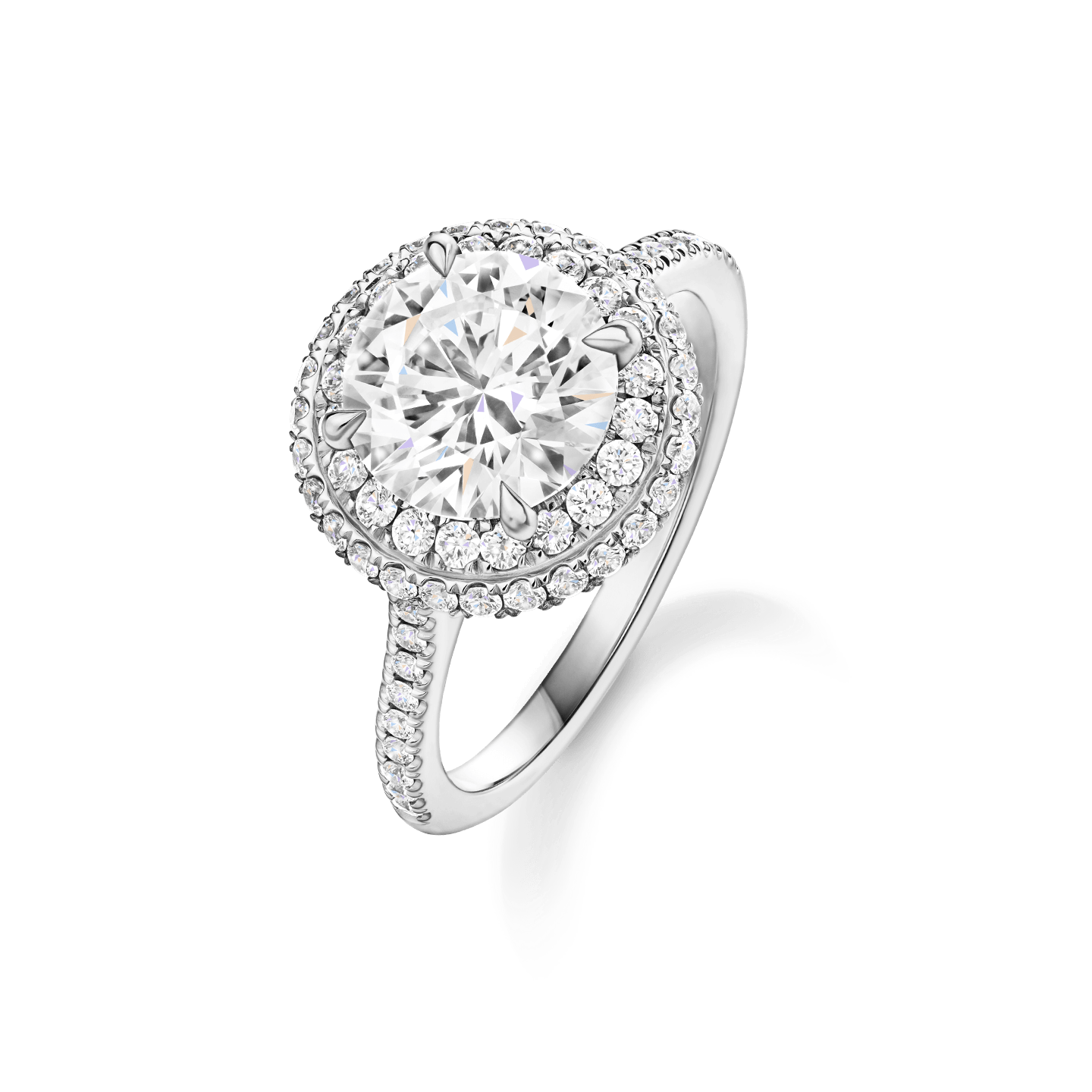 Angled view of the The One Double Halo Micropavé Diamond Engagement Ring