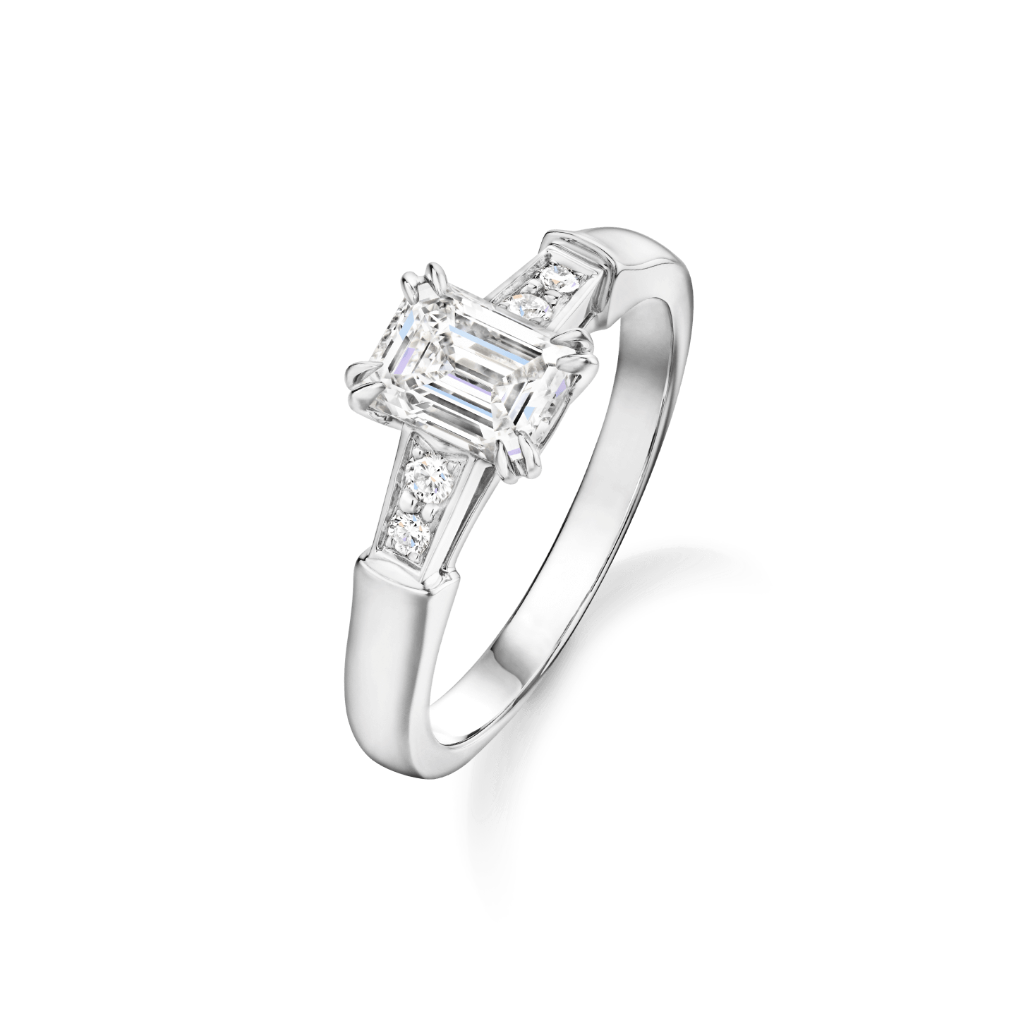 Angled view of the Tryst Emerald-Cut Diamond Engagement Ring
