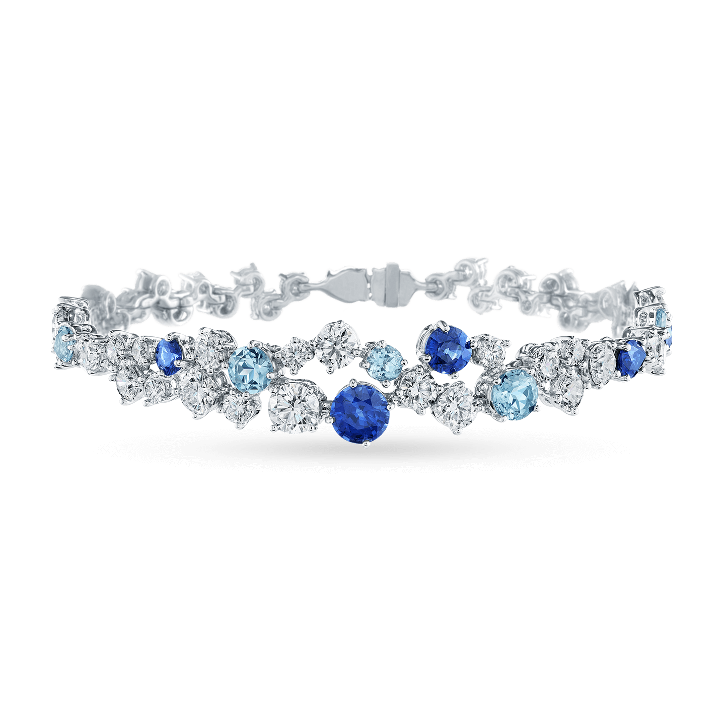 Front view of the Sparkling Cluster Sapphire, Aquamarine and Diamond Bracelet