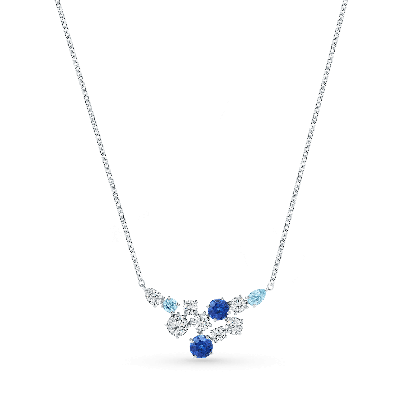 Pendentif Sparkling Cluster en saphir, aigue-marine et diamant sur une chaîne plus longue