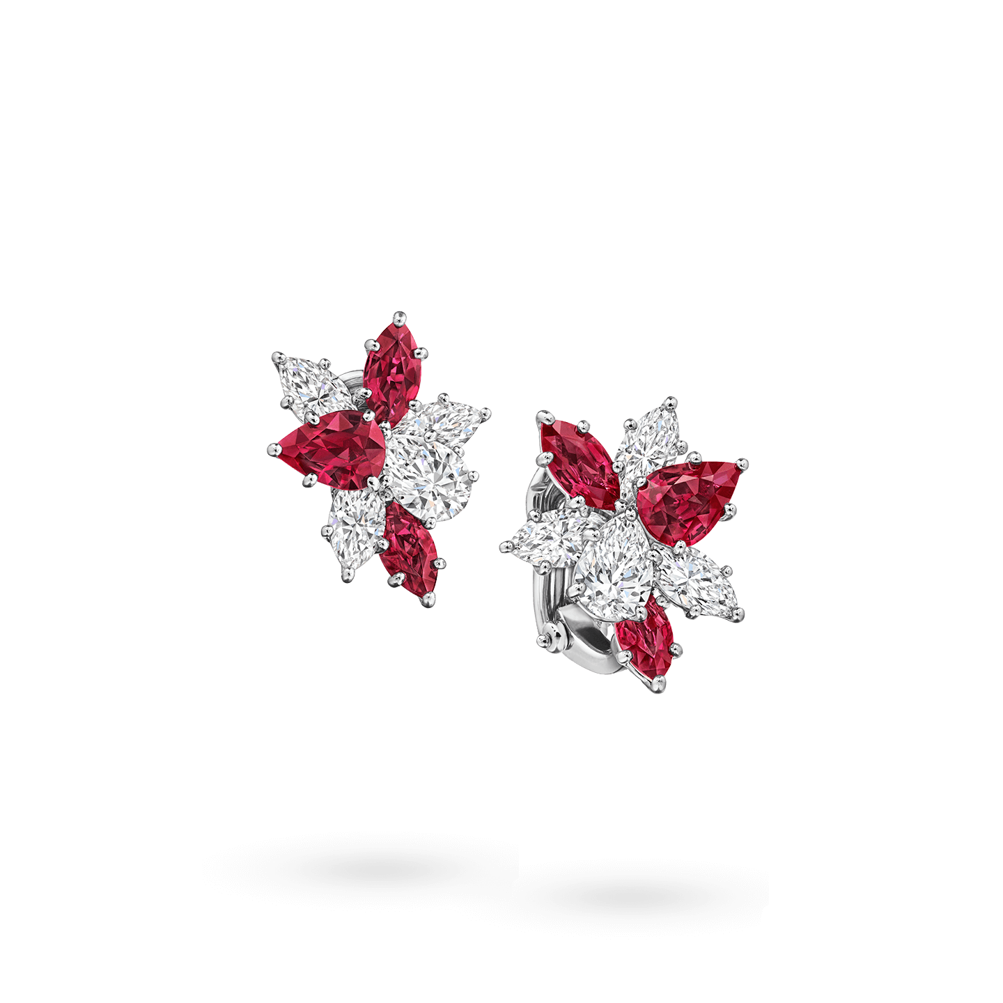 Angled view of the Winston Cluster Ruby and Diamond Earrings
