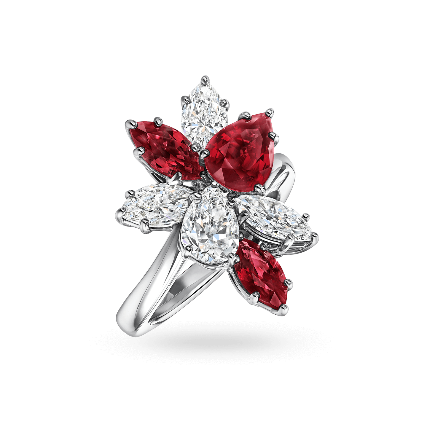 Angled view of the Winston Cluster Ruby and Diamond Ring