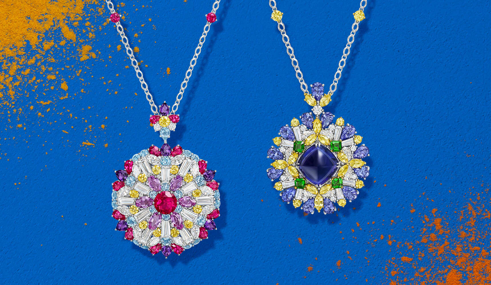 Deux pendentifs Winston Kaleidoscope avec des pierres précieuses colorées et uniques.