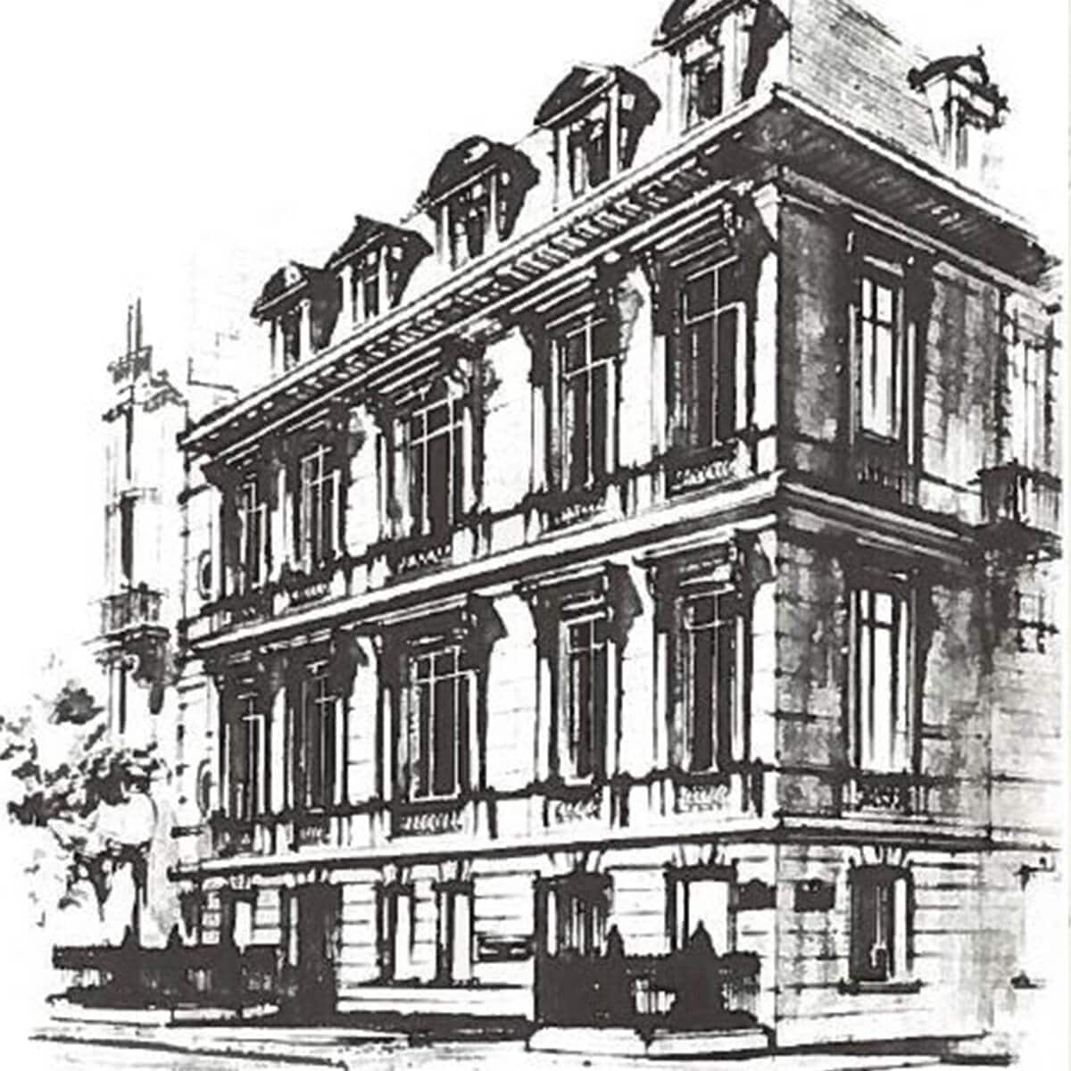 A black and white rendering of the first international  Harry Winston salon in Geneva, Switzerland