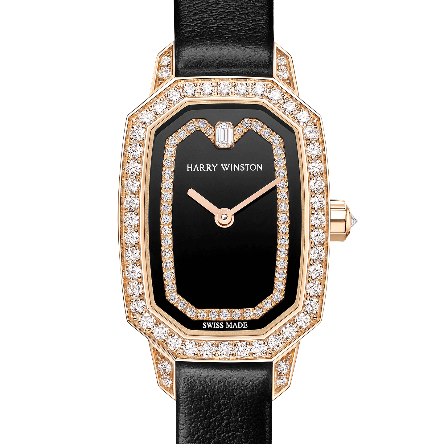Emerald black strap with black dial and rose gold case close-up